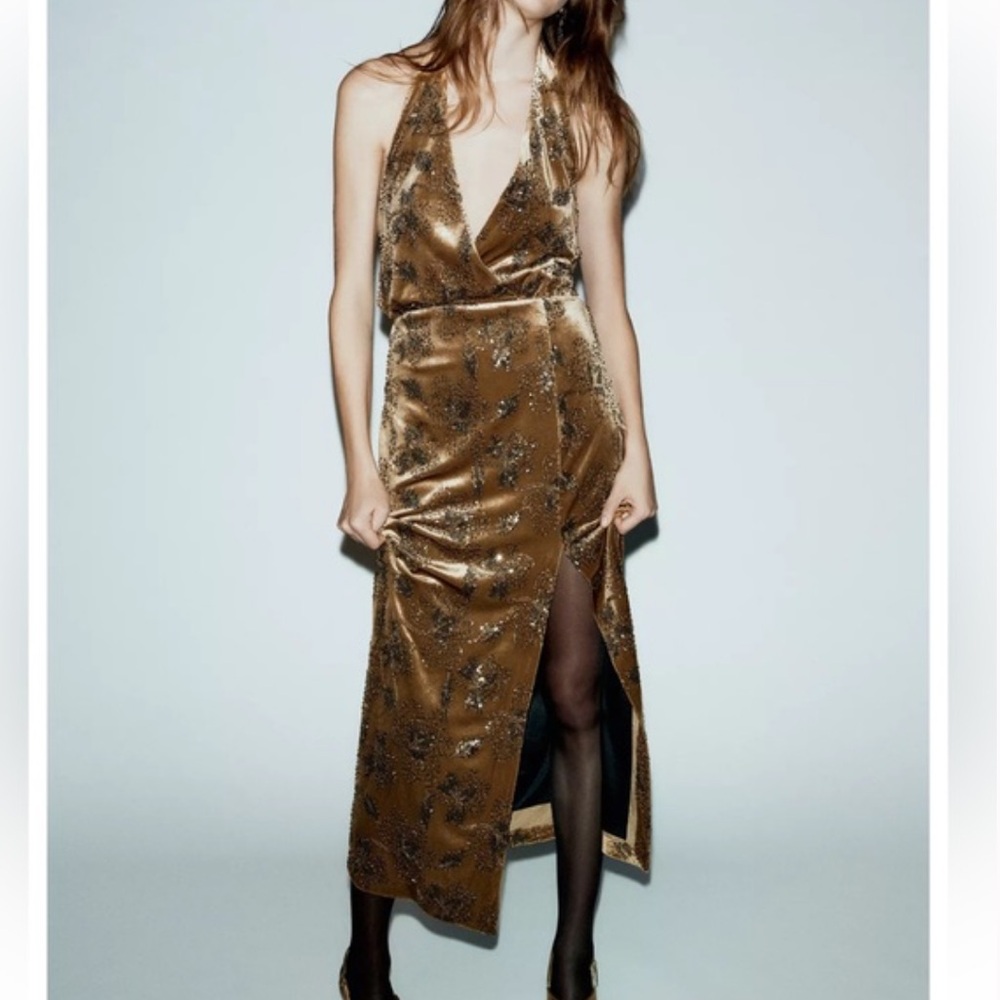 Zara NWT midi halter velvet and sequin dress 9858/822